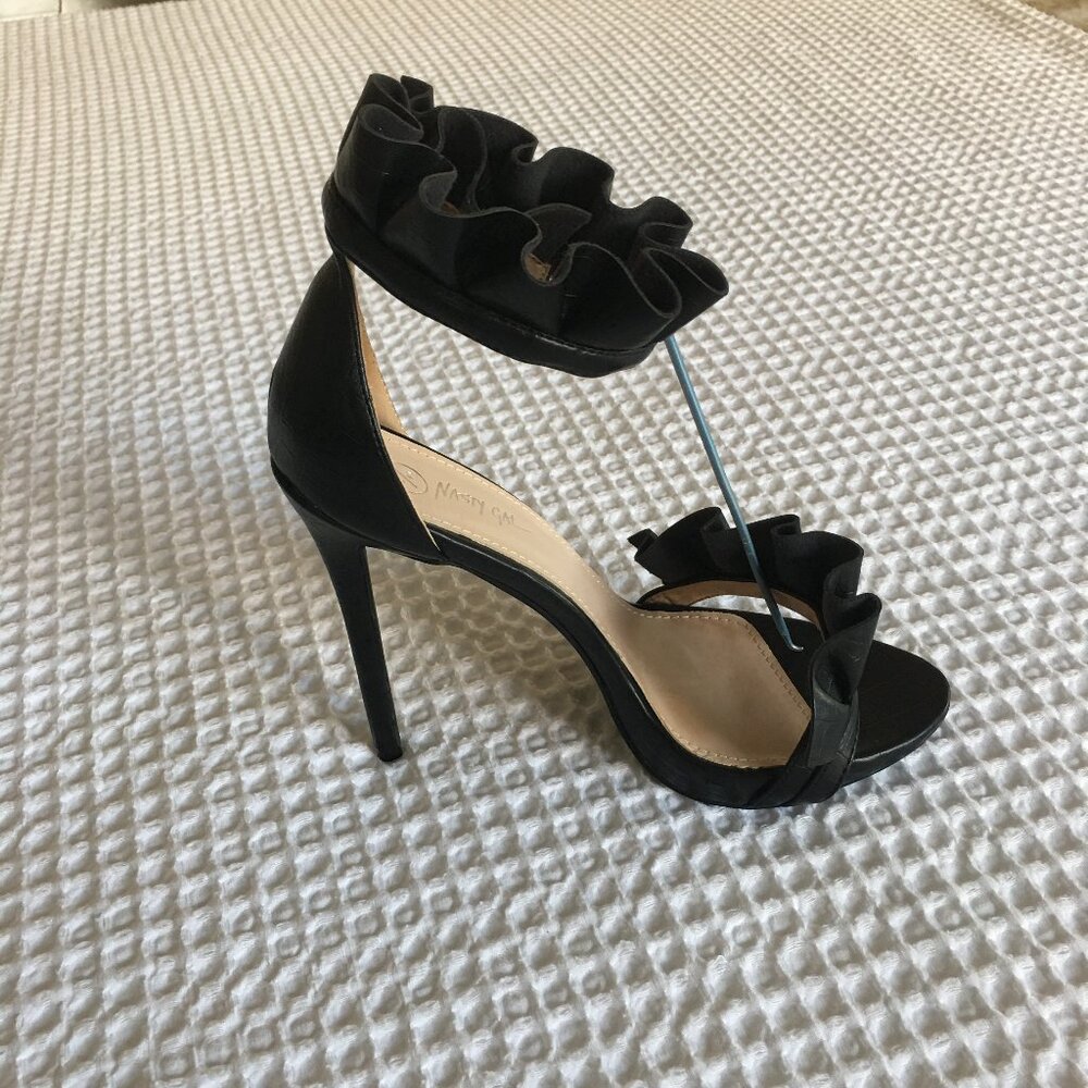 BLACK RUFFLE DETAIL STILETTO HEELS